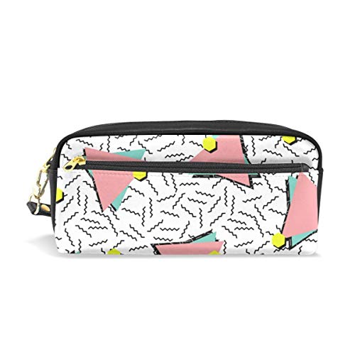 Preisvergleich Produktbild Ahdyr Bleistiftetui Retro Blaue Dreiecke Memphis Dots PU Ledertasche Reißverschluss Rechteckig Großer Stiftbeutel Beutel Walle Makeup Kosmetiktasche von Studenten oder Frauen