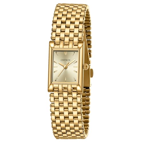 CNYXCN Gold Watches for Women Luxury Fashion Square Ladies Quartz Wrist Watch with Stainless Steel Band,Bracelet Adjustment Tool Included