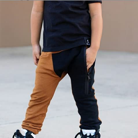 Amnnchya Toddler Baby Boy Harem Pants Kids Striped Patchwork Elastic Waist Trousers With Zip Fashion Jogger Pant Leggings (Brown Black,4-5T) #TOP2