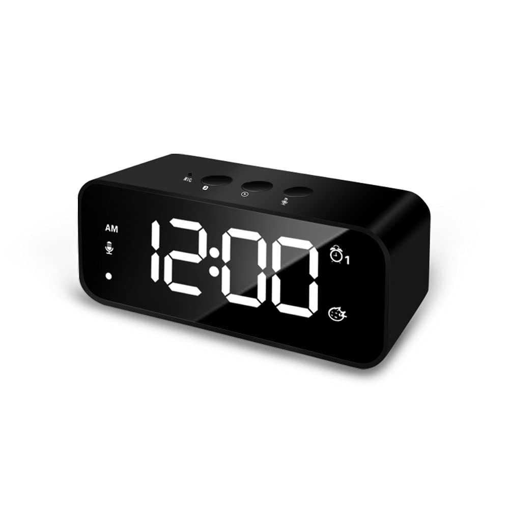 USB Charged Alarm Clock for Bed Room, Bedside, Desk, 6" X 2.5" Full Range LED Display, Snooze, Recording Function (Black)
