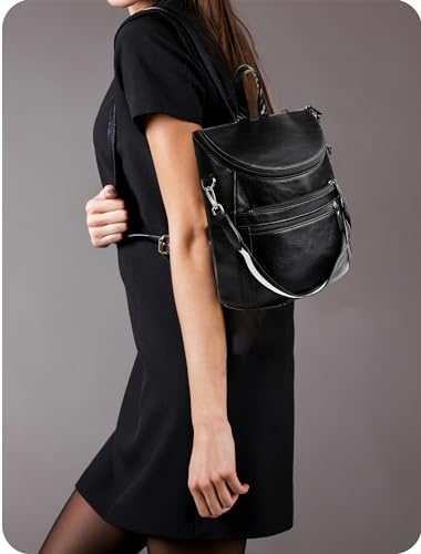 Image of Nollia Black Leather Mini Backpack for Women | Light Travel Small Daypack with Adjustable Strap | Black Backpack Purse