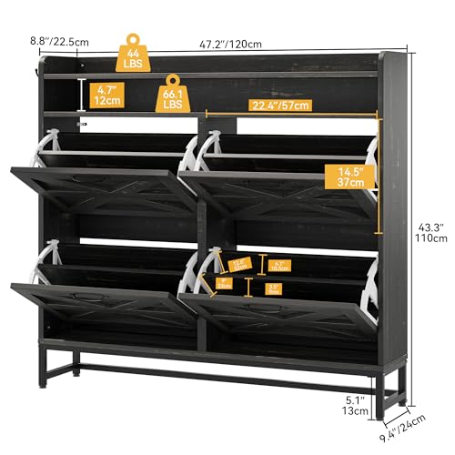 DWVO Dark Rustic Oak Farmhouse Storage Shoe Cabinet with 4-Tier Flip Shoe Storage Cabinet for 24 Pairs, Shoe Organizer with Metal Legs for Entryway, Living Room, Hallway