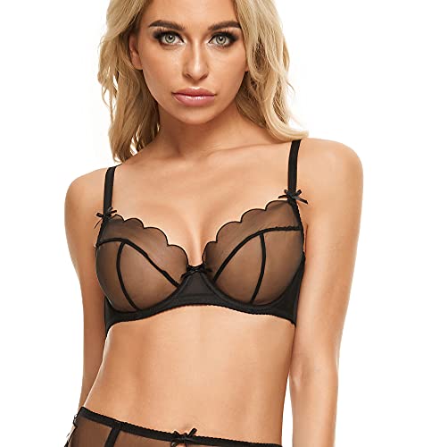 Damen Spitze Ungefüttert Bügel-BH Sheer Mesh See-Through Plunge Bra 3/4 Cup Minimizer Unwattierter BH, Schwarz 3, 70DD Cover