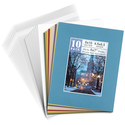 Golden State Art, Pack of 10 Mixed Colors Pre-Cut 8x10 Picture Mat for 5x7 Photo with White Core Bevel Cut Mattes Sets. Includes 10 High Premier Acid Free Mats & 10 Backing Board & 10 Clear Bags