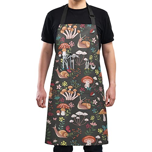 Linqin Mushroom With Snails Aprons For Women Men Adjustable Bib Kitchen Chef Apron With 2 Pockets Long Ties For Cooking, Bbq #TOP3