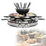 Raclette Fondue Kombi 8 Personen - Tischgrill Elektrisch mit Grillplatte Raclettegrill und Fonduetopf - Elektrogrill Starke 1900 Watt - 8 Pfännchen Antihaftbeschichtung - 3in1 Party Grill
