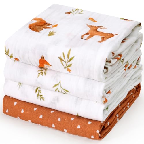 Image of david's kids 4 Pack Baby Muslin Swaddle Blankets, 100% Cotton and Ultra Soft Breathable Receiving Blanket Wrap for Boys Girls, New Born Essentials, Large 47 x 47 inches, Forest Animals