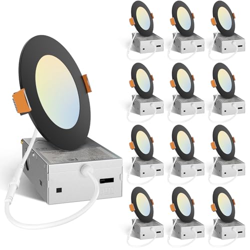 Amico 12 Pack 4 Inch 5CCT Ultra-Thin LED Recessed Ceiling Light with J-Box, 2700K/3000K/3500K/4000K/5000K Selectable, 11W Eqv 70W, Dimmable Canless Downlight, 800LM High Brightness, Black - ETL