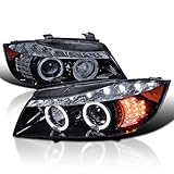 SPEC-D TUNING Halo LED Glossy Black Housing Smoke Lens Projector Headlights Compatible with 2006-2008 BMW E90 3-Series 4Dr With Stock Halogen Headlight, Left + Right Pair Headlamps Assembly