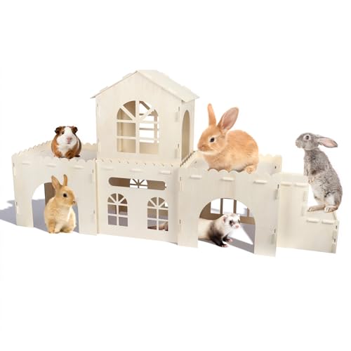 Delousiber Extra Large Wooden Rabbit Castle | 5-in-1 Luxury Bunny House & Hideout with Stairs | Detachable Indoor Playhouse for Rabbits Guinea Pigs Chinchillas Hamsters | Easy Assemble Pet Habitat