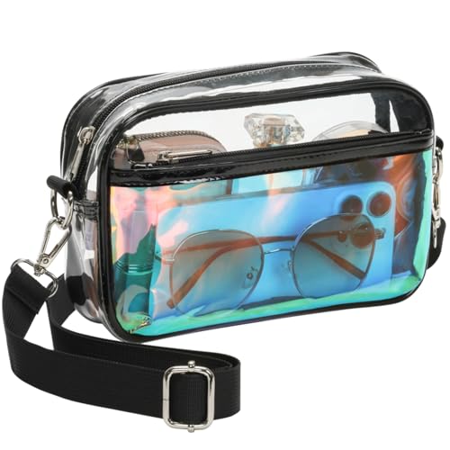 PACKISM Clear Purses for Women Stadium - Holographic Clear Bag Stadium Approved Crossbody Concerts Bag with Wide Front Pocket for Added Privacy, for Game Day Events, Festivals, Holographic Black