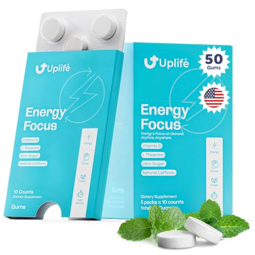 Image of UPLIFE Energy and Focus Gum - Made in USA | 40mg Natural Caffeine + 80mg L-Theanine + Vitamin B12 & B3 | Sugar-Free, Vegan | Nootropic Gum for Energy, Focus & Mental Clarity - Peppermint