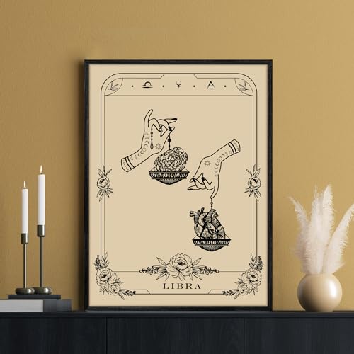 SERIMINO Witchy Framed Wall Art, Libra Tarot Canvas Prints Paintings, Horoscope Dark Academia Home Decor Aesthetic, 16x24inch Gothic Wall Decor for Room