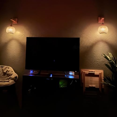 Image of Frideko Boho Battery Operated Wall Sconces Set of Two with Remote, RGB 15 Colors Rechargeable Wall Light, Rattan Dimmable Wireless Wall Lamp with 3 Timer, Bamboo Indoor Wall Lighting for Bedroom