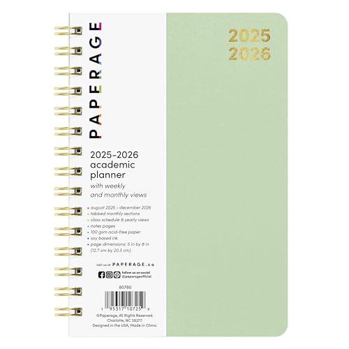 PAPERAGE 17 Month Academic Planner 2025-2026, Weekly & Monthly Spreads, August 2025 - December 2026, Small (5 in x 8 in), Sage PAPERAGE 17 Month Academic Planner 2025-2026, Weekly & Monthly Spreads, August 2025 - December 2026, Small (5 in x 8 in), Sage