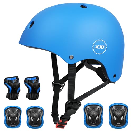 XJD Fahrradhelm Kinder Schoner Set(7er) Kinder Helm mit Knie- & Ellenbogen- & Handgelenkschützer Verstellbarer Schutzausrüstung Jugend Skaterhelm für 3-13 Jahre Alt (S: 49-55 cm, Blau)