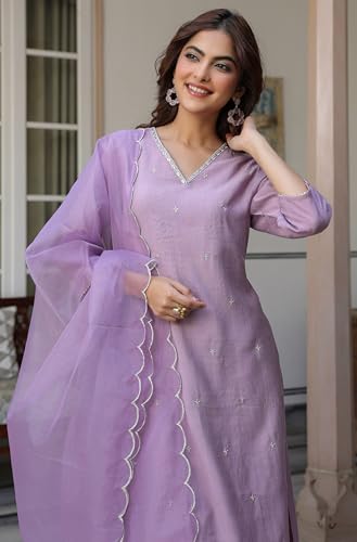 Image of Janasya Women's Lavender Chinon Embellished Kurta with Pant and Dupatta Set
