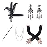 5pcs 1920s Costume Dress Accessories Set Headband Necklace Gloves Plastic Holder for Women Gatsby Cosplay Opera Costumes Black