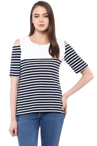 Image of Miss Chase Women's Navy Blue and White Round Neck Half Sleeves Striped Cold Shoulder Top