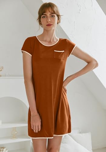 Image of Ekouaer Womens Nightgown Sleep Shirt Dress Satin Patchwork Short Sleeve Sleepwear with Pocket