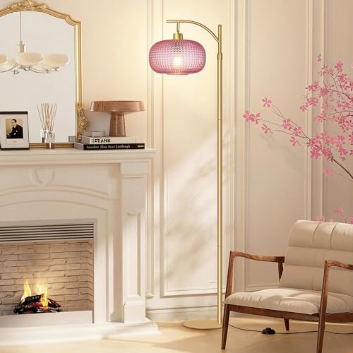 Image of Glass Floor Lamp for Living Room,Modern Standing Lamp with Pink Lamp Shade | Dimmable Gold Tall Floor Lamp for Bedroom Office with Remote Control , 1 x 12W LED Bulbs Included