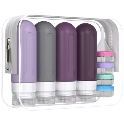 Image of DEPOZA 18 Pack Travel Size Toiletry Containers Sets, BPA Free Silicone Travel Bottles with Leak Proof Caps, TSA Approved for Shampoo, Conditioner, Lotion, Soap and Essential Accessories (Cranberry)