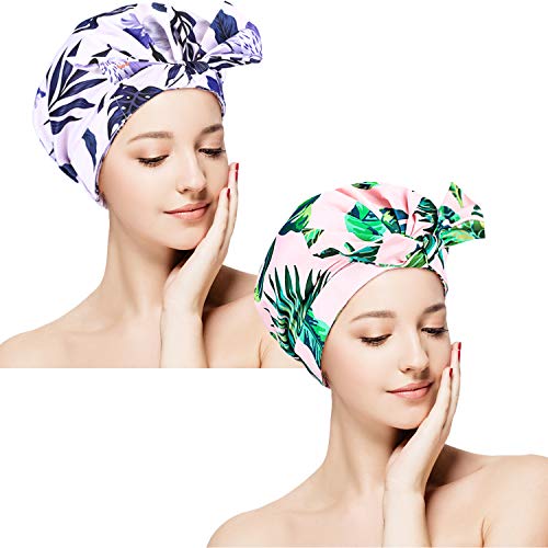 2 Pieces Shower Cap for Women Printed Turban Shower Bath Caps Reusable Waterproof Hair Cover Caps Colorful Knotted Shower Hats for Women Girls Long Hair