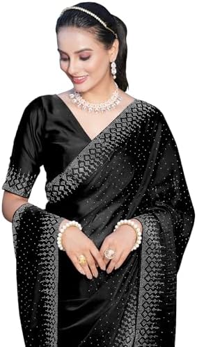 SIRIL Women's Georgette Hot Fixing Stone Work Saree with Unstitched Blouse Piece
