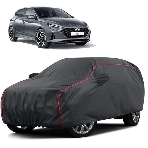 Image of Sulfar 100% Water Resistant Car Body Cover Compatible with Mirror for Hyundai i20 (Triple Stitched, Full Bottom Elastic, Dark Grey Taffeta with Red Piping)