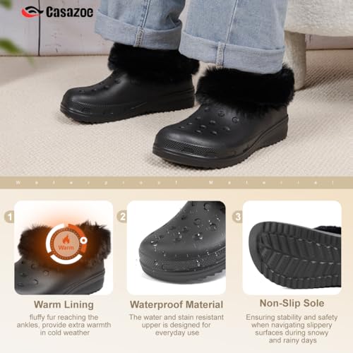 Casazoe Unisex-Adult Lined Clogs Women Men Waterproof Winter Warm Fuzzy Slippers Fleece Lining House Slippers Lightweight Outdoor Indoor Home Shoes3