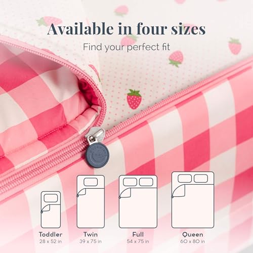 Image of Beddy's Dark Pink Checkered All-in-One Zipper Bedding Set for Kids - Full | Smooth-Glide Zippers, Easy To Make & Wash, Soft Durable Fabric, Strawberry Interior, Includes 2 Pillowcases & 2 Shams