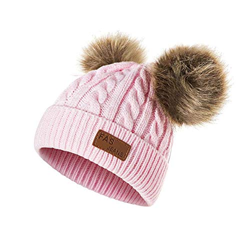 Infant Toddler Beanie Woolen Hat Pure Color Winter Twist Double Pom Pom Wool Knitted Cap for 0-3 Years Old (Pink, 0-3 Years)