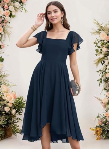 Tea Length Chiffon Bridesmaid Dress Sqaure Neck Formal Party Dresses with Short Sleeve4