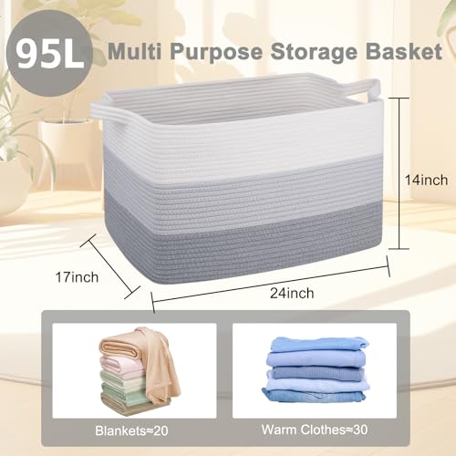 Image of OIAHOMY Extra Large Blanket Basket, 95L Cotton Rope Woven Laundry Basket, Toy Bin for Baby Room, Container for Blanket Storage in Living Room, 24''x17''x14'', Gradient Grey
