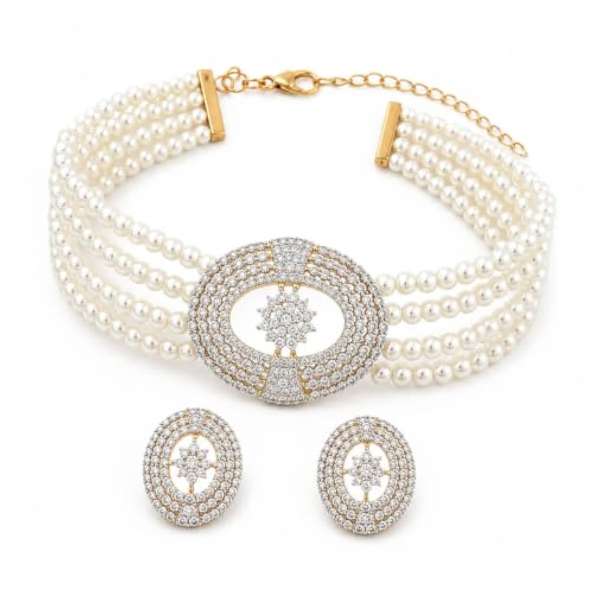 Women's Pearl Choker Necklace Set with Stud Earrings