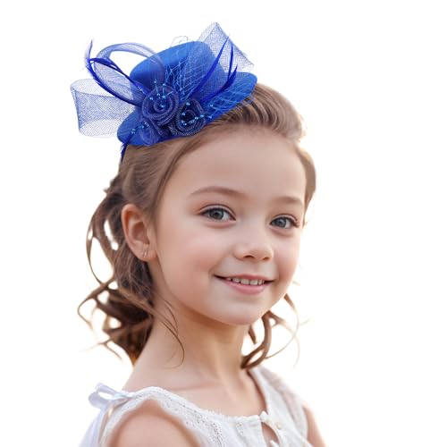 Zinniday 2026 Mini Fascinators Hat - Elegant Small Blue Kentucky Attire Derby Headwear Accessories 1920s 50s High Tea Party Church Tiny Veil Hat with Hair Clip for Women Girls