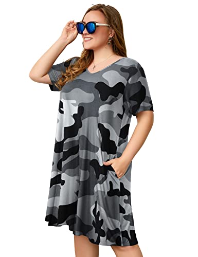 Image of OVERWORETY Womens Short Sleeve Plus Size T-Shirt Dress V Neck Casual Loose Swing A-Line Summer Tunic Dresses with Pockets