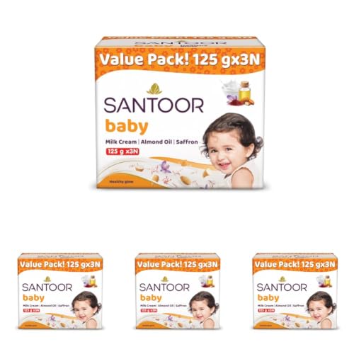 Image of Santoor Baby Bathing Bar Soap with Milk Cream, Saffron, & Almond Oil for Soft & Supple Skin| Gentle & Rich Lathering Formula with Mild Fragrance| 125gx3 (Pack of 4)