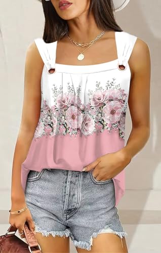 Summer Tank Tops for Women Pleated Square Neck O Ring Shoulder Sleeveless Shirts Casual Loose Fit Trendy Blouses3