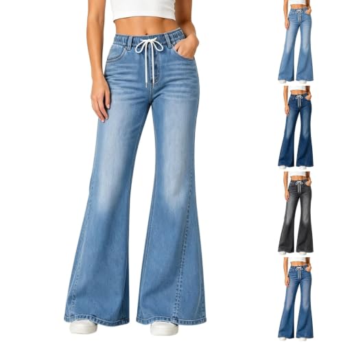 TRCELECTROP Womens Flare Jeans High Waisted Wide Leg Denim Pants Y2k Casual Baggy Drawstring Elastic Waist Bootcut Jeans - image 1