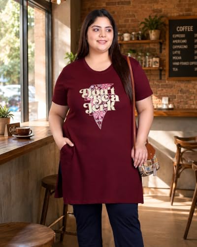 Image of In Love Women's Printed Cotton Plus Size Longline T-Shirt with Pockets | Cotton fabric - soft longline T-shirt with easy plus-size fit