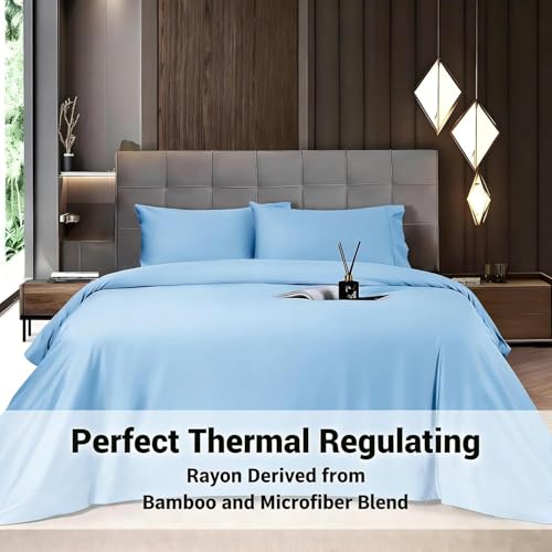 Image of Shilucheng 4 Piece Queen Sheet Sets, Cooling Sheets, Blend Rayon Derived from Bamboo, Deep Pocket Up to 16 inch, Breathable & Soft Bed Sheets, Hotel Silky Bedding Set, Lake Blue