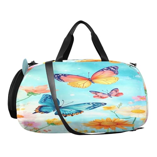 Butterfly Floral Blue Kids Travel Duffel Bag for Boys Girls Overnight Weekend Tote Bag with Shoes Compartment for Trip Beach Gym2
