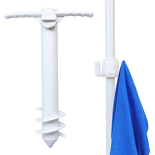 Easy Install Sand Umbrella Anchor and Towel Hooks Set. Durable White Auger Fits Up to 1.6 in Pole Stand for Strong Winds. Vacation Tool. Use as Fishing Rod Holder, Beach Volleyball Net, Tent Stake