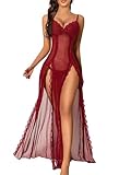 Foxiny Sexy Side Split Long Lace Sheer Lingerie Dress V Neck Night Gowns with Thong 2 Piece Set Women Slip Mesh Sleep Wear Negligee Nighty Pajama Floral Wine Red Large