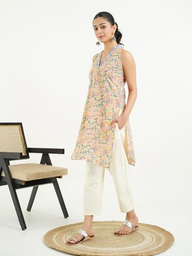 Image of GOODHAND Women Printed Cotton Kurti | Casual Long Kurta | Comfortable Ethnic Wear with Relaxed Fit