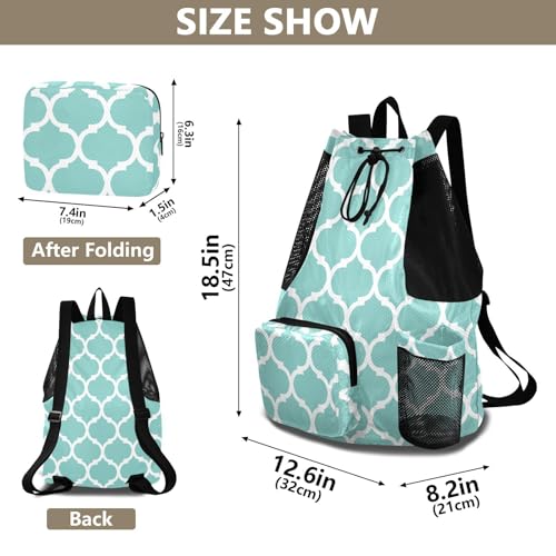 Teal Moroccan Drawstring Gym Backpack for Men Women Pull String Sports Swim Bag with Mesh Pocket & Adjustable Strap Outdoor Casual Portable Bag for Outdoor Travel Swimming2