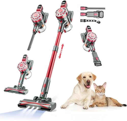 Image of WLOTPO Cordless Vacuum Cleaner for Home, Lightweight Stick Vacuum Cordless Rechargeable with Power Suction, Up to 35 Mins Runtime, Hardwood Floor Vacuum for Pet Hair, Carpets, Tile(Deep Red)