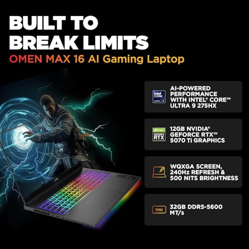 Image of HP Omen 16 Max, Intel Ultra 9 275HX, 12GB NVIDIA RTX 5070 Ti (32GB DDR5,1TB SSD) 240 Hz, 3ms, IPS, WQXGA, 16'' /40.6Cm, Win11, M365* Office24, Black, 2.75Kg, ah0190TX, RGB Backlit, AI Gaming Laptop