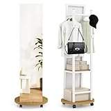 CHARMAID Full Length Mirror with Coat Rack, 55' Standing Floor Mirror with Lockable Wheels, Hanging Rods, Hooks & Storage Shelves, for Bedroom, Closet, Living Room, Entryway (White & Natural)